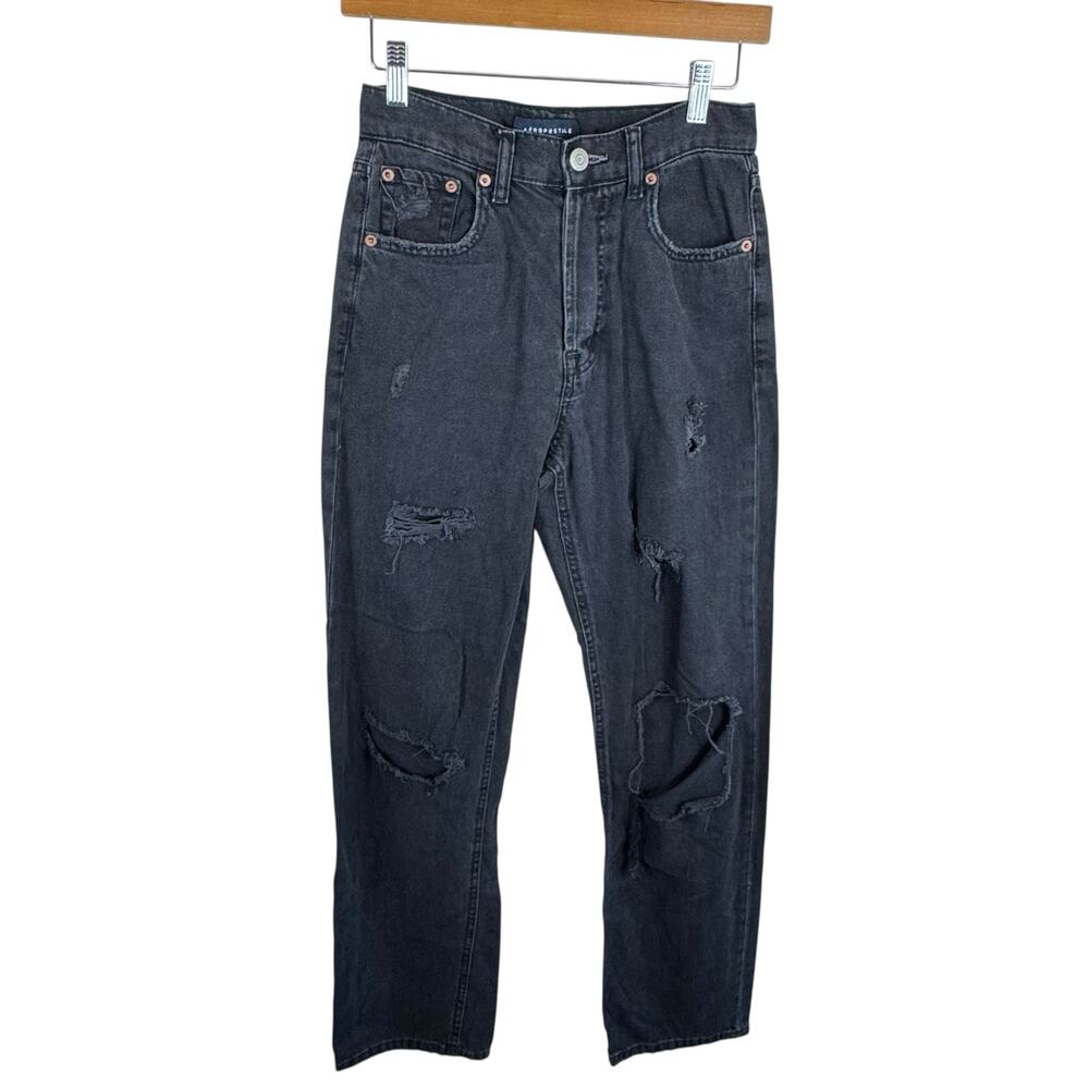 Aeropostale 90s Baggy Black Cotton High Rise Distressed Button Fly Jeans Retro 4